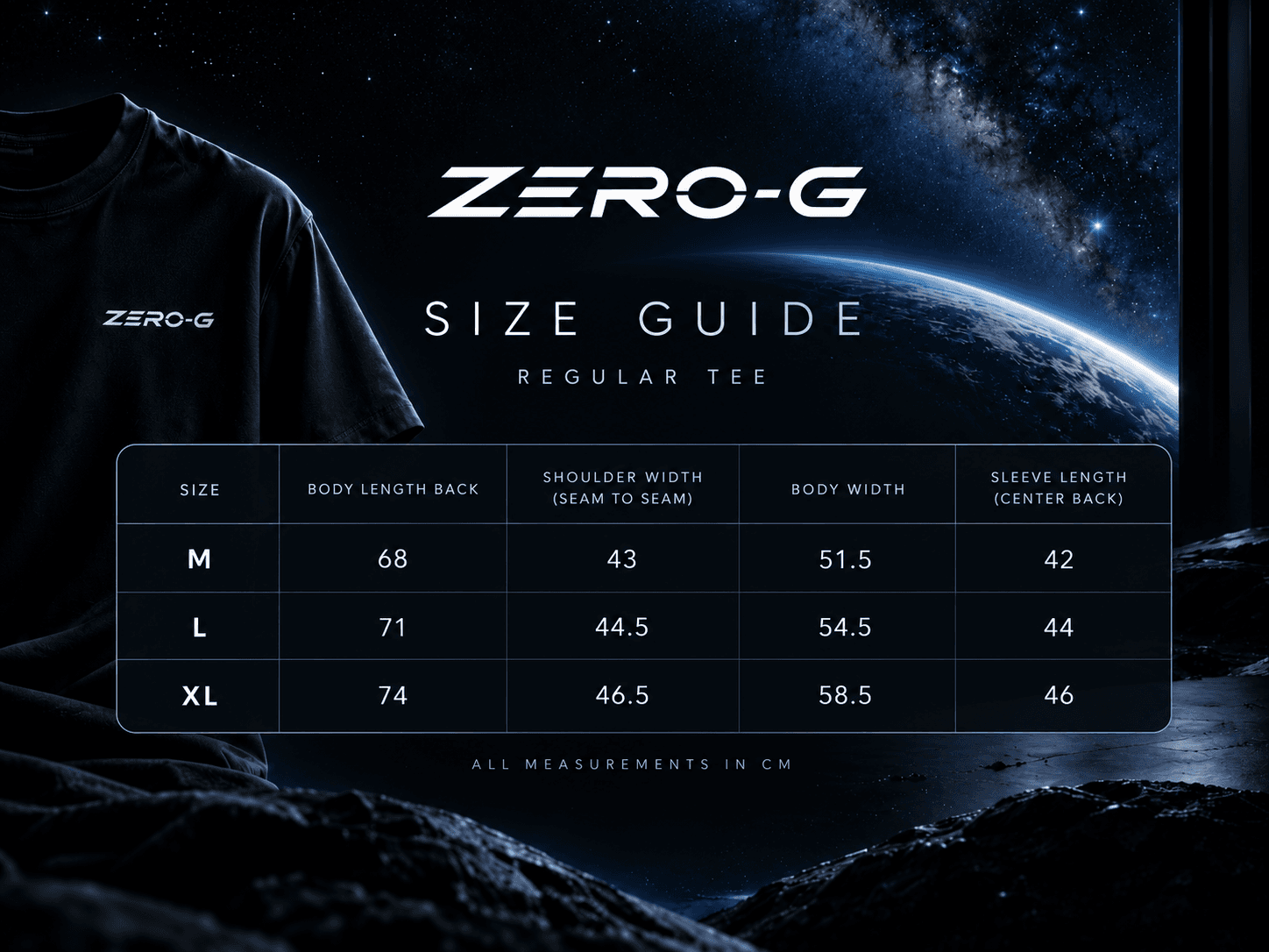 Zero-G regular tee size guide listing sizes M, L and XL with body length, shoulder width, body width and sleeve length in centimeters